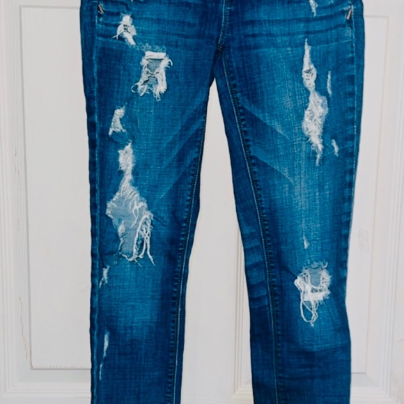Express Mid Rise Distressed Ripped Skinny Ankle Blue Jeans - Picture 4 of 7